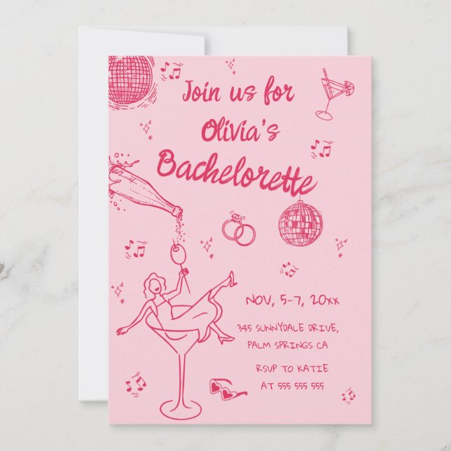 Pink Whimsical Hand Drawn Bachelorette Party Invitation (Front)