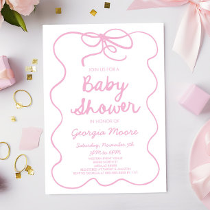 Pink Whimsical Hand Drawn Bow Baby Shower Invitation