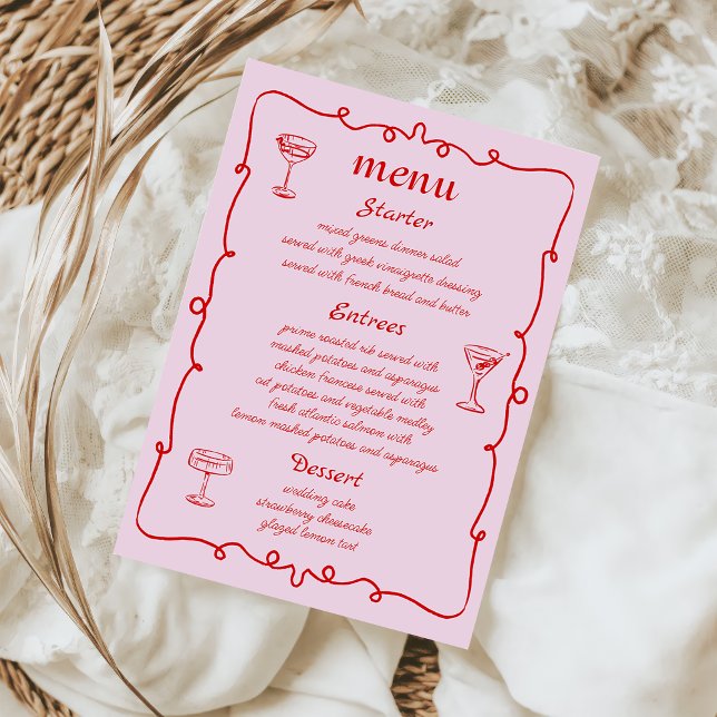 Pink Whimsical Hand Drawn French Wedding Menu (Creator Uploaded)