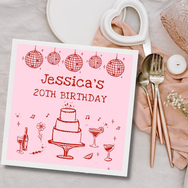 Pink Whimsical Hand drawn Funky Cocktail Birthday Napkin (Creator Uploaded)