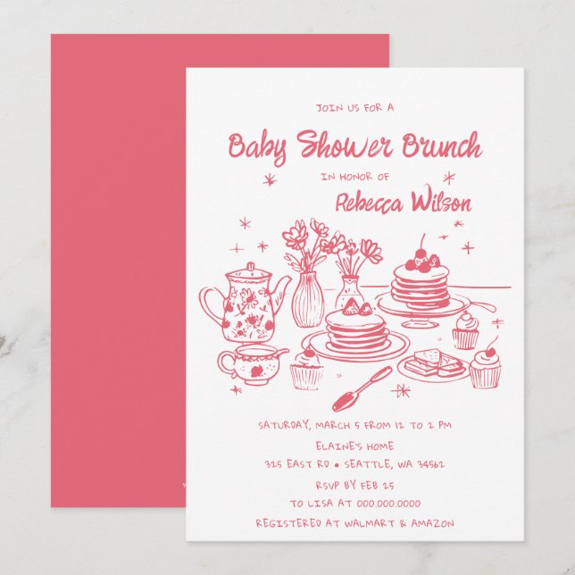 Pink Whimsical Hand Drawn Girl Baby Shower Brunch Invitation (Front/Back)