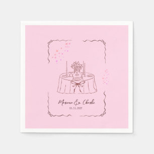 Pink Whimsical Hand Drawn Illustrated Wedding  Napkin