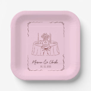 Pink Whimsical Hand Drawn Illustrated Wedding Paper Plate