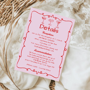 Pink Whimsical Hand Drawn Retro Wedding Details Enclosure Card