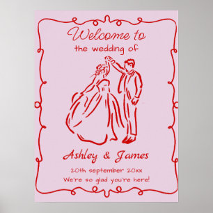 Pink Whimsical Hand Drawn Wedding Welcome Sign