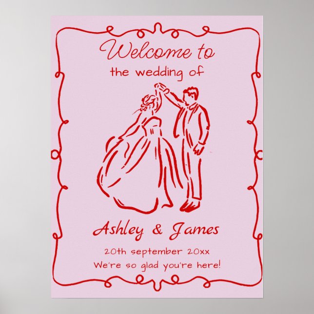 Pink Whimsical Hand Drawn Wedding Welcome Sign (Front)