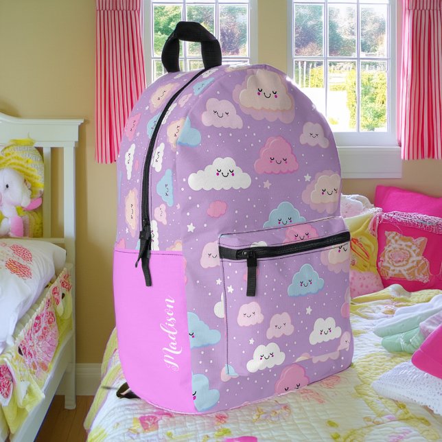 Pink Whimsical Happy Clouds Personalised Printed Backpack (Creator Uploaded)