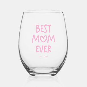 Pink Whimsical Heart Best Mum Ever Stemless Wine Glass