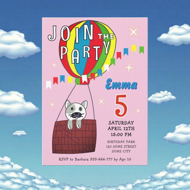 Pink Whimsical Hot Air Balloon Cat Birthday Invitation (Creator Uploaded)