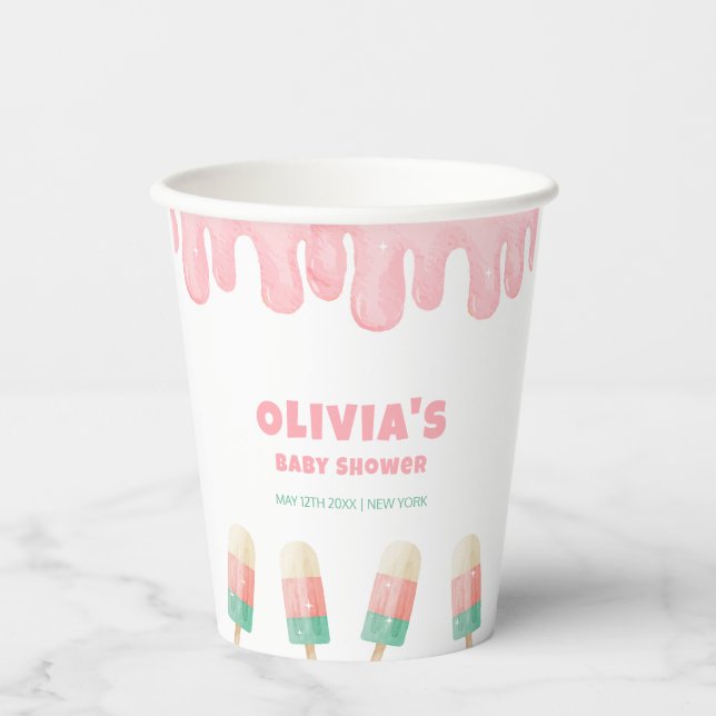 Pink Whimsical Melt Ice Cream Pop Baby Shower  Paper Cups (Front)