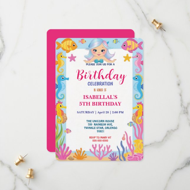 Pink whimsical mermaid rainbow birthday party  save the date (Front/Back In Situ)