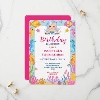 Pink whimsical mermaid rainbow birthday party save the date