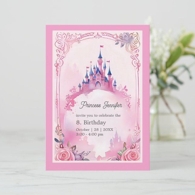 pink whimsical princess fairytale castle birthday  invitation (Standing Front)