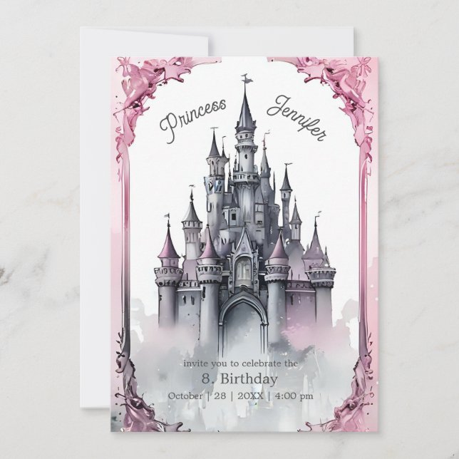 pink whimsical princess fairytale castle birthday invitation (Front)