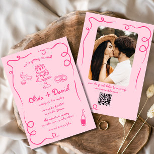 Pink Whimsical QR Code Hand Drawn Photo Wedding Invitation
