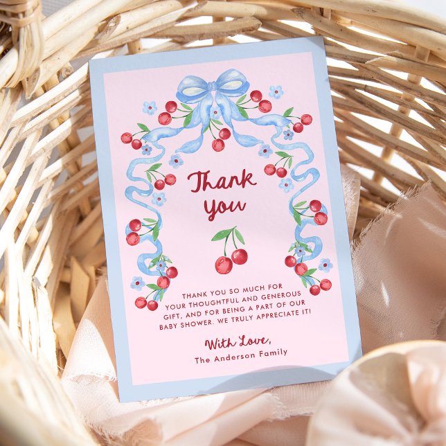 Pink Whimsical Retro Cherries | Baby Shower Thank You Card (Creator Uploaded)