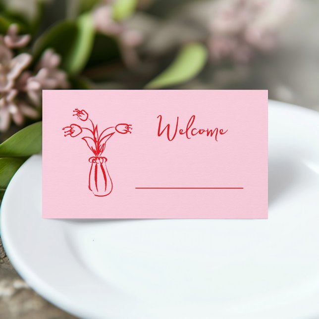 Pink Whimsical Scribble Doodle Bridal Shower Place Card (pink and red hand drawn bridal shower place card with whimsical vase of flowers illustration)