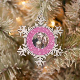 Pink Whimsical Snowflakes Photo Pewter Ornament
