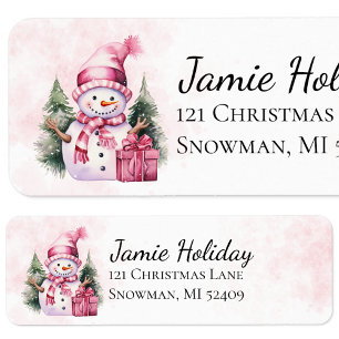 Pink Whimsical Snowman Christmas Return Address