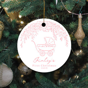 Pink Whimsical Stroller Baby's First Christmas Ceramic Tree Decoration