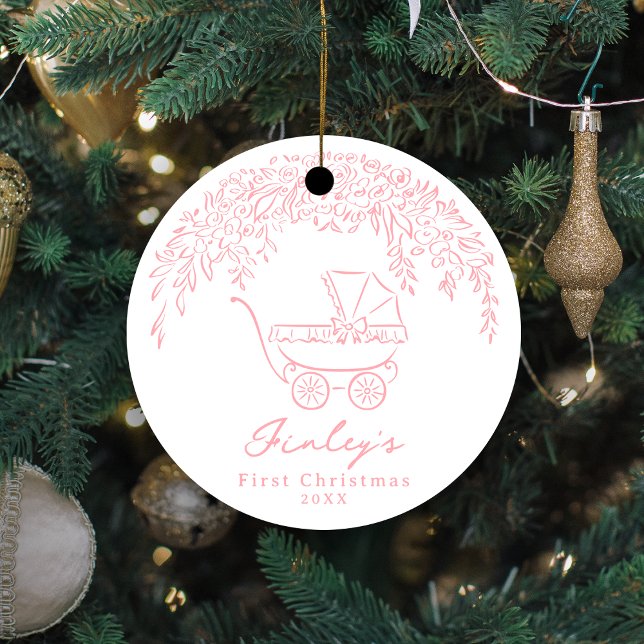 Pink Whimsical Stroller Baby's First Christmas Ceramic Tree Decoration (Pink Whimsical Stroller Baby's First Christmas Ceramic Ornament)