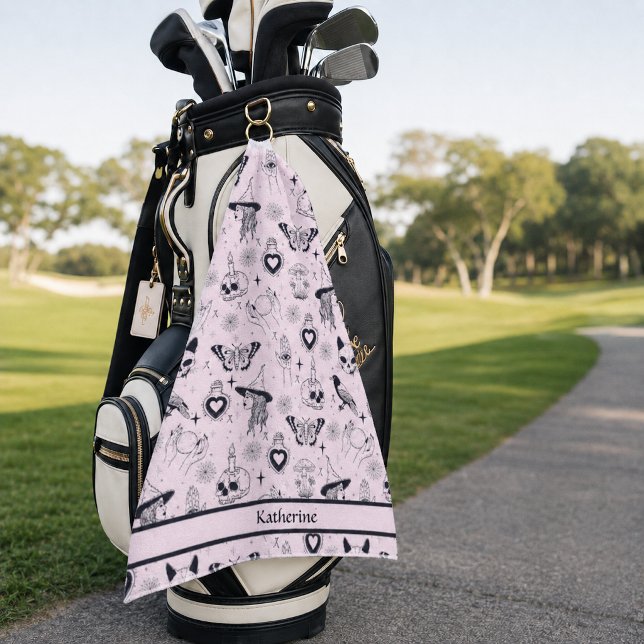 Pink Whimsigoth Witchy Pattern Custom Name Golf Towel (Creator Uploaded)