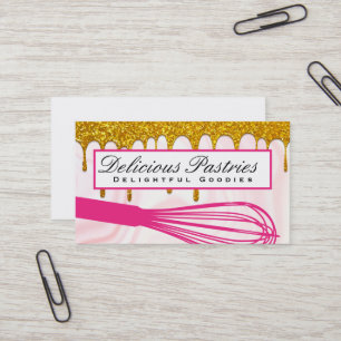 Pink Whisk Gold Glitter Drip Business Card