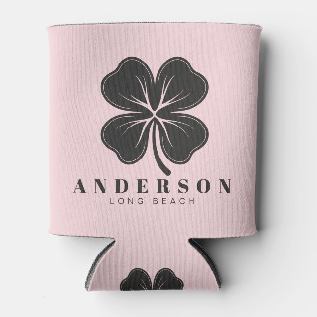 Pink Whisper and Black Four Leaf Clover with Name Can Cooler (Front)