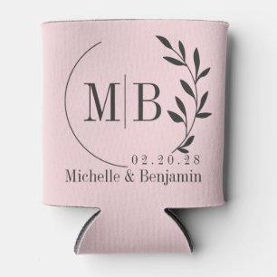 Pink Whisper and Black Leaf Wedding Monogram Can Cooler