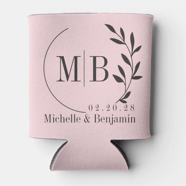 Pink Whisper and Black Leaf Wedding Monogram Can Cooler (Front)