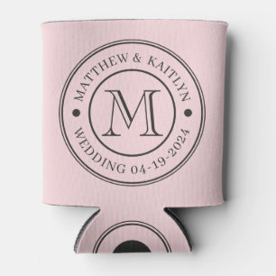 Pink Whisper and Black Wedding Monogram Can Cooler
