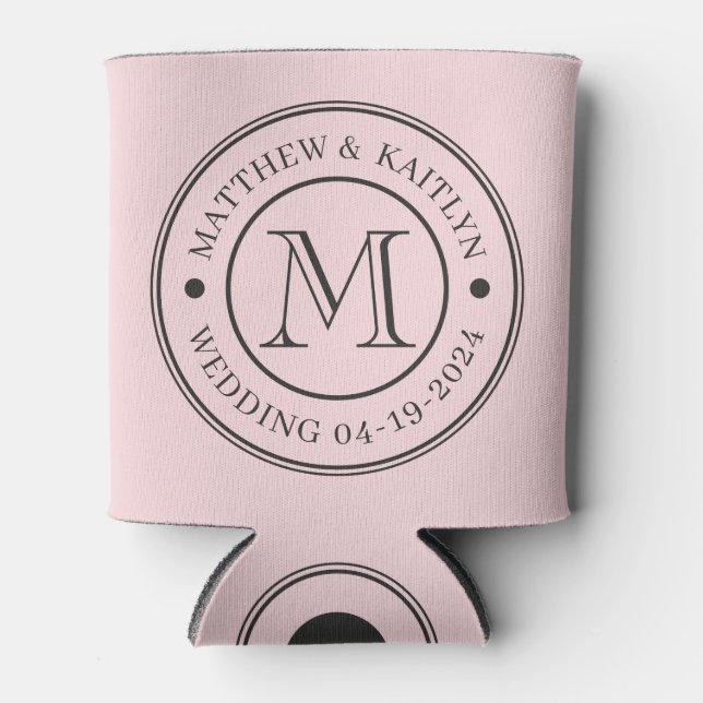 Pink Whisper and Black Wedding Monogram Can Cooler (Front)