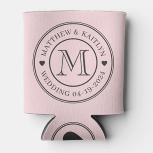 Pink Whisper and Black Wedding Monogram Heart Can Cooler