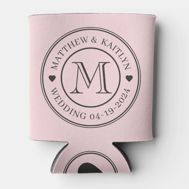 Pink Whisper and Black Wedding Monogram Heart Can Cooler (Front)