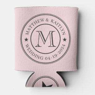 Pink Whisper and Black Wedding Monogram Star Can Cooler