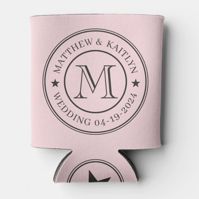 Pink Whisper and Black Wedding Monogram Star Can Cooler (Front)