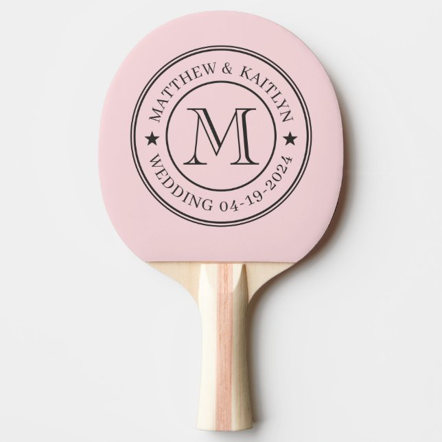 Pink Whisper and Black Wedding Monogram Star Ping Pong Paddle (Front)