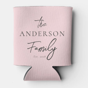 Pink Whisper & Black Hand Written Family Name Can Cooler