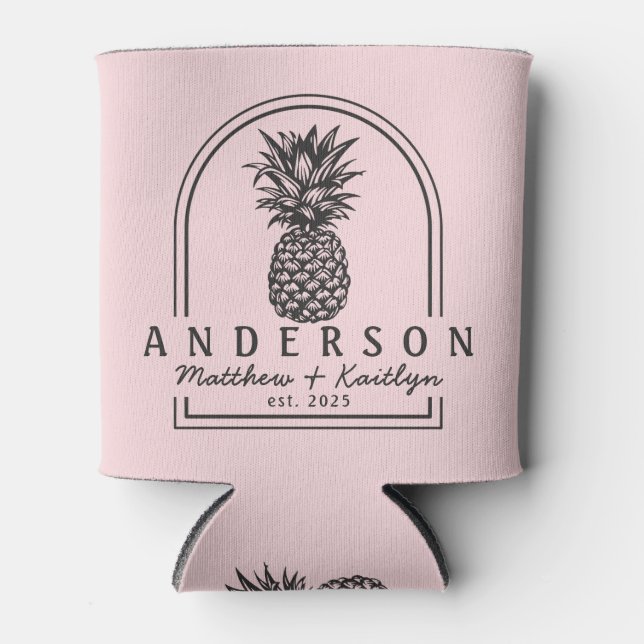 Pink Whisper & Black Pineapple Wedding Arch & Name Can Cooler (Front)