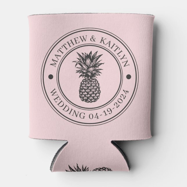 Pink Whisper & Black Pineapple Wedding Crest &Name Can Cooler (Front)