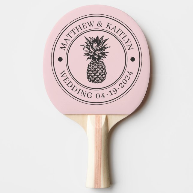 Pink Whisper & Black Pineapple Wedding Crest &Name Ping Pong Paddle (Front)