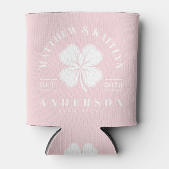 Pink Whisper Irish Clover Wedding Crest Can Cooler (Front)