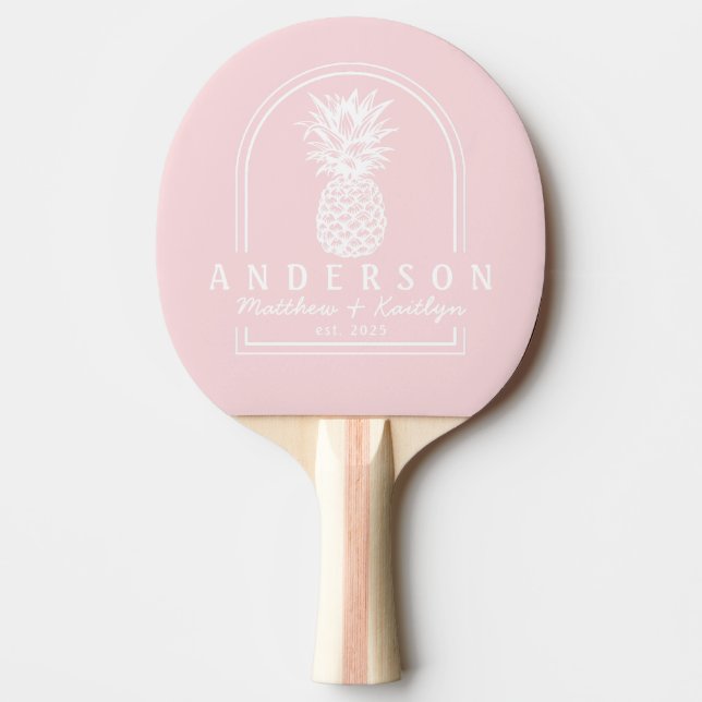 Pink Whisper Pineapple Wedding Arch & Name Ping Pong Paddle (Front)