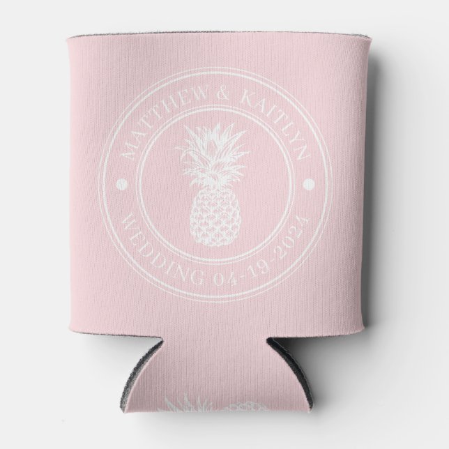 Pink Whisper Pineapple Wedding Crest & Name Can Cooler (Front)