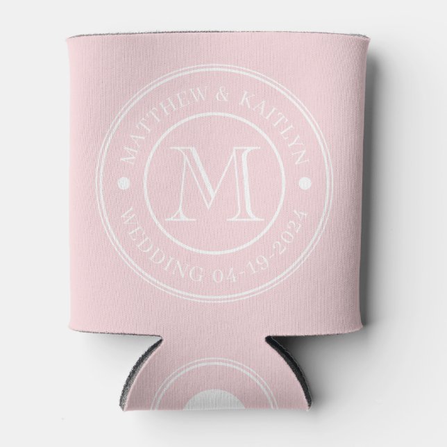 Pink Whisper Wedding Monogram Can Cooler (Front)