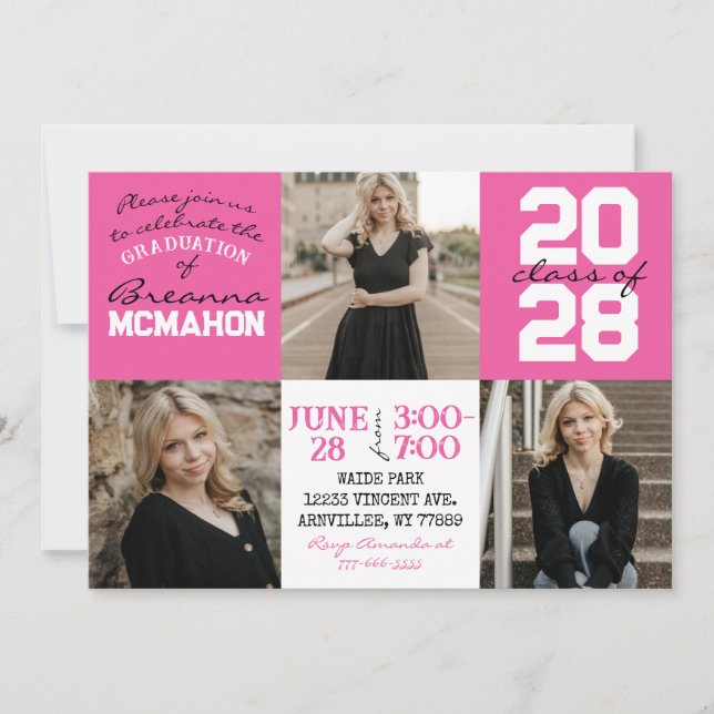 Pink & White 3 Photo Graduation Invitation (Front)