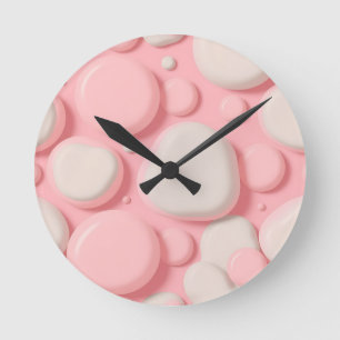 Pink White 3D Bubble Pattern Soft Pastel Abstract Round Clock