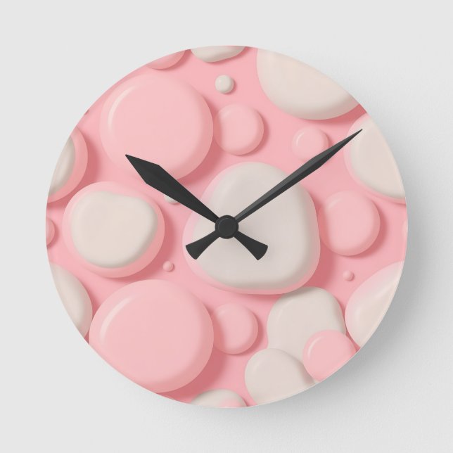 Pink White 3D Bubble Pattern Soft Pastel Abstract  Round Clock (Front)