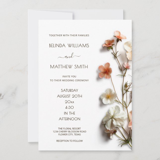 Pink White 3D Wildflowers Invitation (Front)