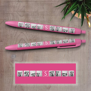 Pink White 8 Photo Collage Custom Monogram Black Ink Pen